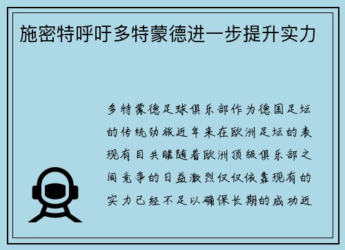 施密特呼吁多特蒙德进一步提升实力