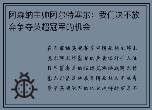 阿森纳主帅阿尔特塞尔：我们决不放弃争夺英超冠军的机会